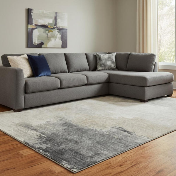 HomeRoots 8' X 10' Modern Abstract Beige Ivory Gray Washable Area Rug with UV Protection for High Traffic Spaces 696684