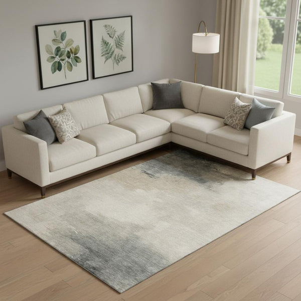 HomeRoots 9' x 12' Abstract Washable Area Rug in Beige, Ivory & Gray - UV Protected, Stain Resistant & Durable! 696685
