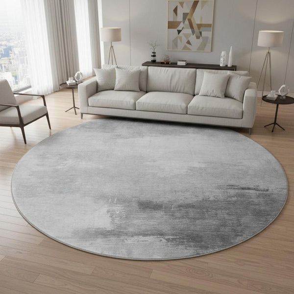 HomeRoots 8' Gray and Silver Abstract Round Rug - Washable, UV-Protected, Durable Design for Modern Spaces 696689