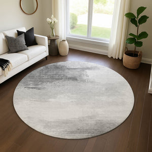 HomeRoots 8' Gray and Silver Abstract Round Rug - Washable, UV-Protected, Durable Design for Modern Spaces 696689