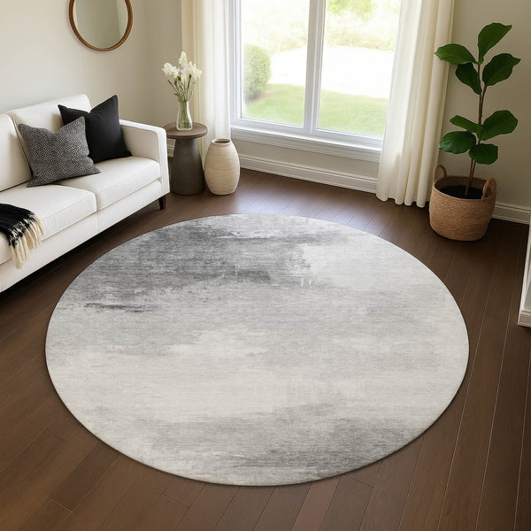 HomeRoots 8' Gray and Silver Abstract Round Rug - Washable, UV-Protected, Durable Design for Modern Spaces 696689