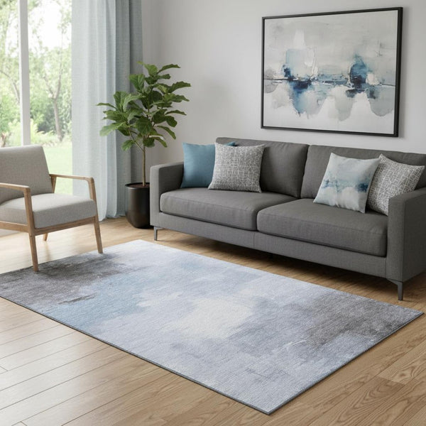 HomeRoots 5' X 8' Sky Blue Gray Silver Abstract Area Rug - Washable, UV-Protected, Stylish & Durable Design 696694