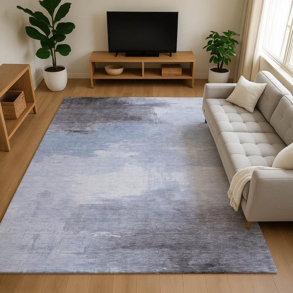 HomeRoots 5' X 8' Sky Blue Gray Silver Abstract Area Rug - Washable, UV-Protected, Stylish & Durable Design 696694