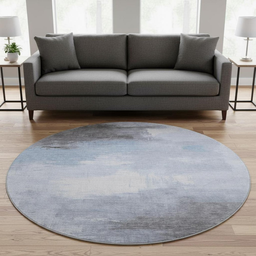 HomeRoots 8' Washable Round Area Rug - Sky Blue, Gray & Silver Abstract Design with UV Protection & Durability 696695