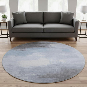 HomeRoots 8' Washable Round Area Rug - Sky Blue, Gray & Silver Abstract Design with UV Protection & Durability 696695