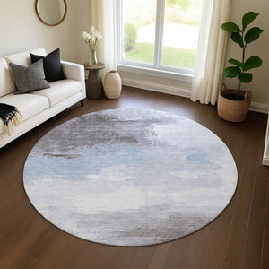 HomeRoots 8' Washable Round Area Rug - Sky Blue, Gray & Silver Abstract Design with UV Protection & Durability 696695