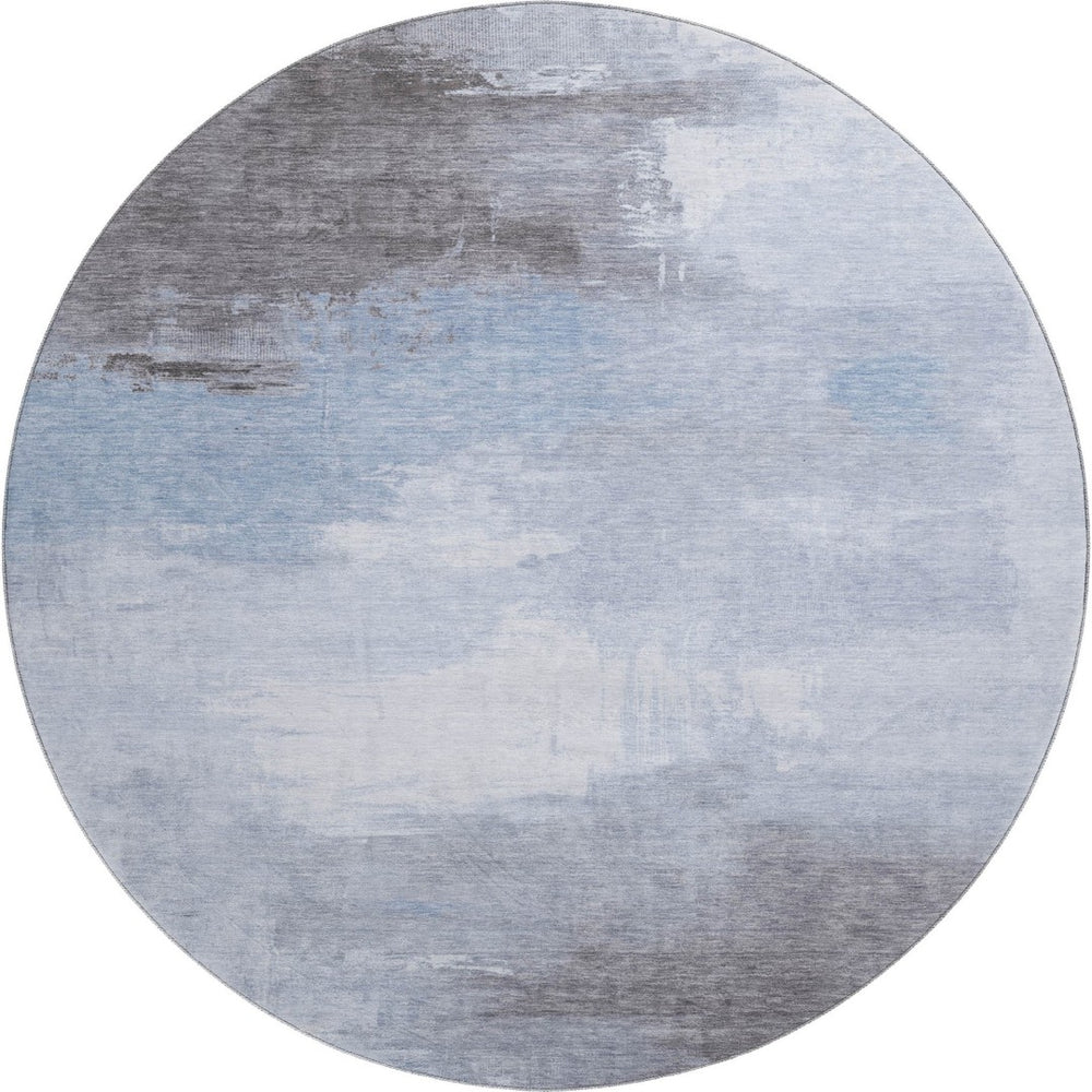 HomeRoots 8' Washable Round Area Rug - Sky Blue, Gray & Silver Abstract Design with UV Protection & Durability 696695