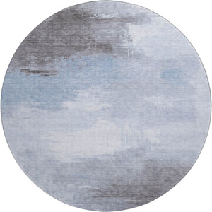 HomeRoots 8' Washable Round Area Rug - Sky Blue, Gray & Silver Abstract Design with UV Protection & Durability 696695