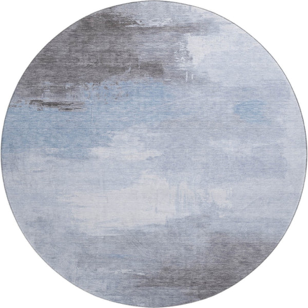 HomeRoots 8' Washable Round Area Rug - Sky Blue, Gray & Silver Abstract Design with UV Protection & Durability 696695