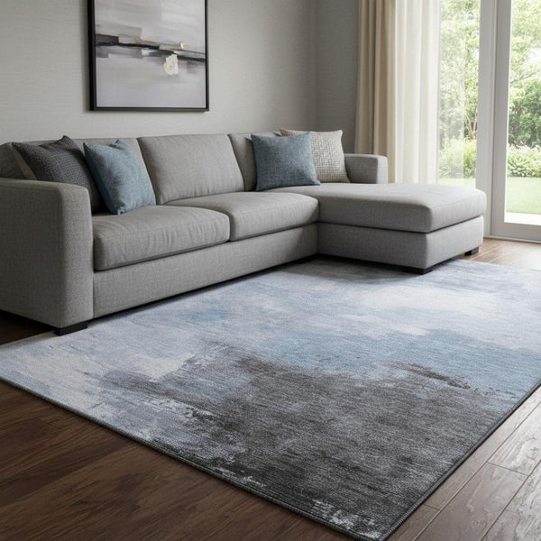 HomeRoots 8' X 10' Sky Blue Gray Silver Abstract Rug - Washable, Durable, UV Protected for Modern Spaces 696696