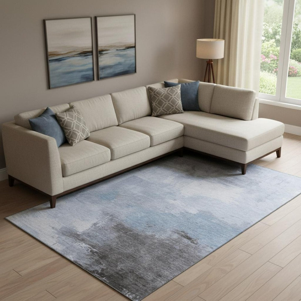 HomeRoots 9' X 12' Abstract Sky Blue Gray Silver Area Rug – Washable, UV Protected, Non-Slip for Modern Homes 696697