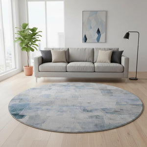 HomeRoots 8' Chic Denim Blue Gray Silver Abstract Washable Round Rug - Durable, UV-Protected, Non-Slip Design! 696701
