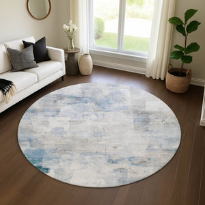 HomeRoots 8' Chic Denim Blue Gray Silver Abstract Washable Round Rug - Durable, UV-Protected, Non-Slip Design! 696701