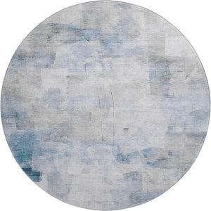 HomeRoots 8' Chic Denim Blue Gray Silver Abstract Washable Round Rug - Durable, UV-Protected, Non-Slip Design! 696701