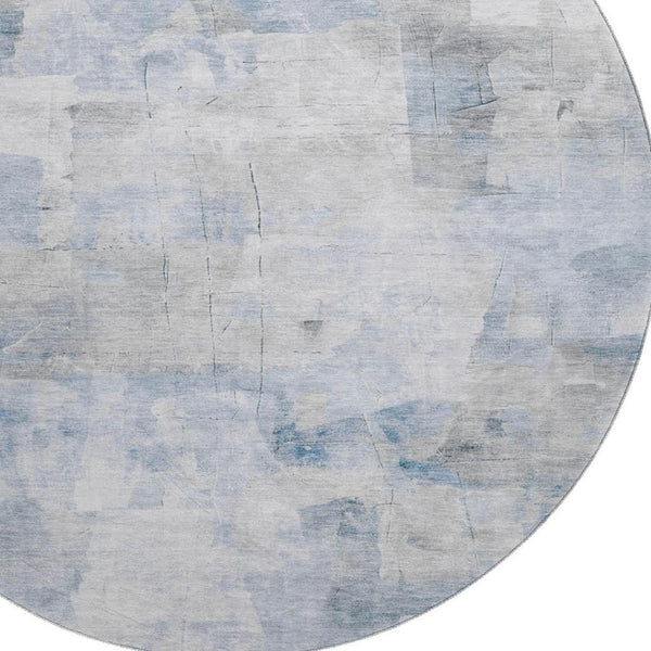HomeRoots 8' Chic Denim Blue Gray Silver Abstract Washable Round Rug - Durable, UV-Protected, Non-Slip Design! 696701