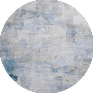 HomeRoots 8' Chic Denim Blue Gray Silver Abstract Washable Round Rug - Durable, UV-Protected, Non-Slip Design! 696701