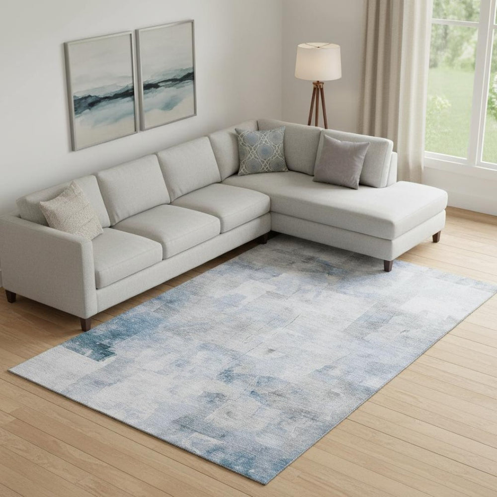 HomeRoots 9' X 12' Stylish Denim Blue Gray and Silver Abstract Area Rug with Stain Resistance and UV Shielding 696703