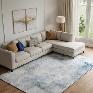 HomeRoots 10' X 14' Denim Blue Gray Silver Abstract Area Rug - Washable, UV Protected, and Perfect for Active Homes! 696704