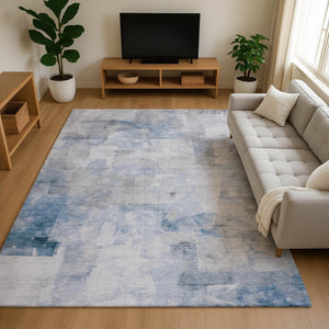 HomeRoots 10' X 14' Denim Blue Gray Silver Abstract Area Rug - Washable, UV Protected, and Perfect for Active Homes! 696704