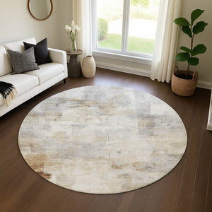 HomeRoots 8' Linen Gray and Ivory Abstract Round Area Rug – Washable, UV Protected, Durable for Busy Spaces 696707