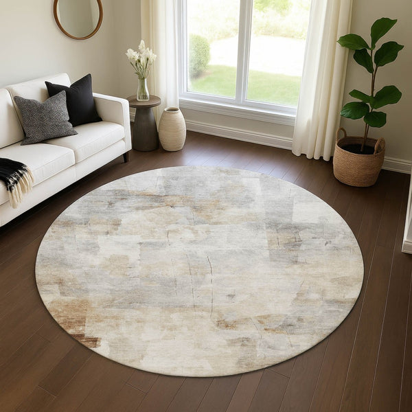 HomeRoots 8' Linen Gray and Ivory Abstract Round Area Rug – Washable, UV Protected, Durable for Busy Spaces 696707