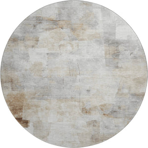 HomeRoots 8' Linen Gray and Ivory Abstract Round Area Rug – Washable, UV Protected, Durable for Busy Spaces 696707