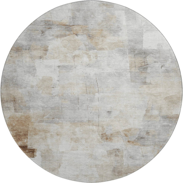 HomeRoots 8' Linen Gray and Ivory Abstract Round Area Rug – Washable, UV Protected, Durable for Busy Spaces 696707