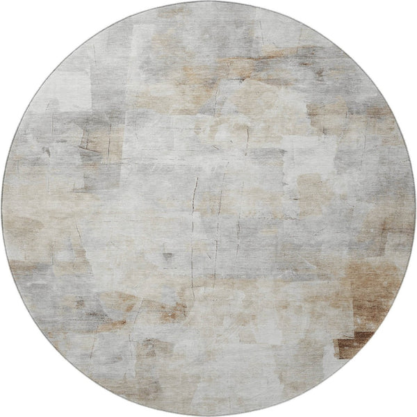 HomeRoots 8' Linen Gray and Ivory Abstract Round Area Rug – Washable, UV Protected, Durable for Busy Spaces 696707