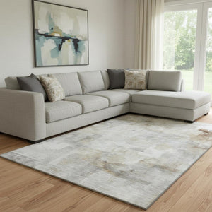 HomeRoots 8' X 10' Abstract Linen Gray and Ivory Washable Area Rug with UV Protection for Modern Homes 696708