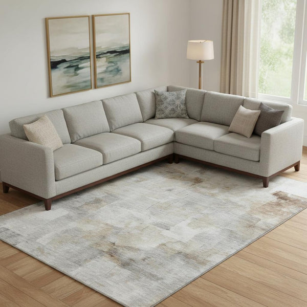 HomeRoots 9' X 12' Abstract Area Rug in Linen Gray & Ivory | Washable, Stain-Resistant, UV Protected Design 696709
