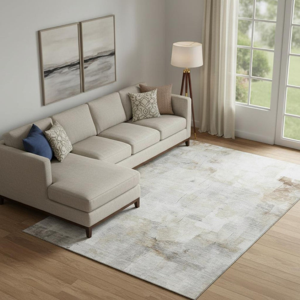 HomeRoots 10' X 14' Elegant Linen Gray & Ivory Abstract Washable Area Rug with UV Protection & Durability 696710