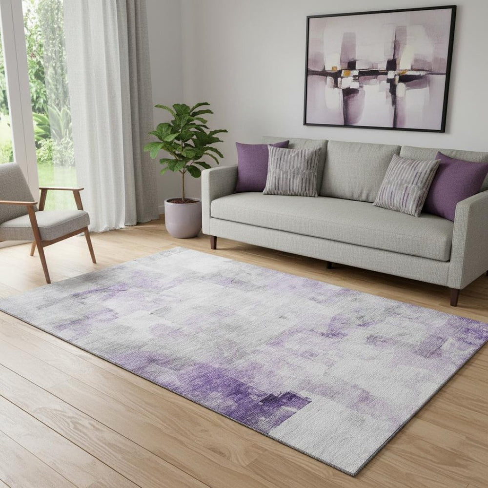 HomeRoots 5' X 8' Washable Lavender, Silver & Gray Abstract Rug with UV Protection for Modern Homes & High Traffic Areas 696712