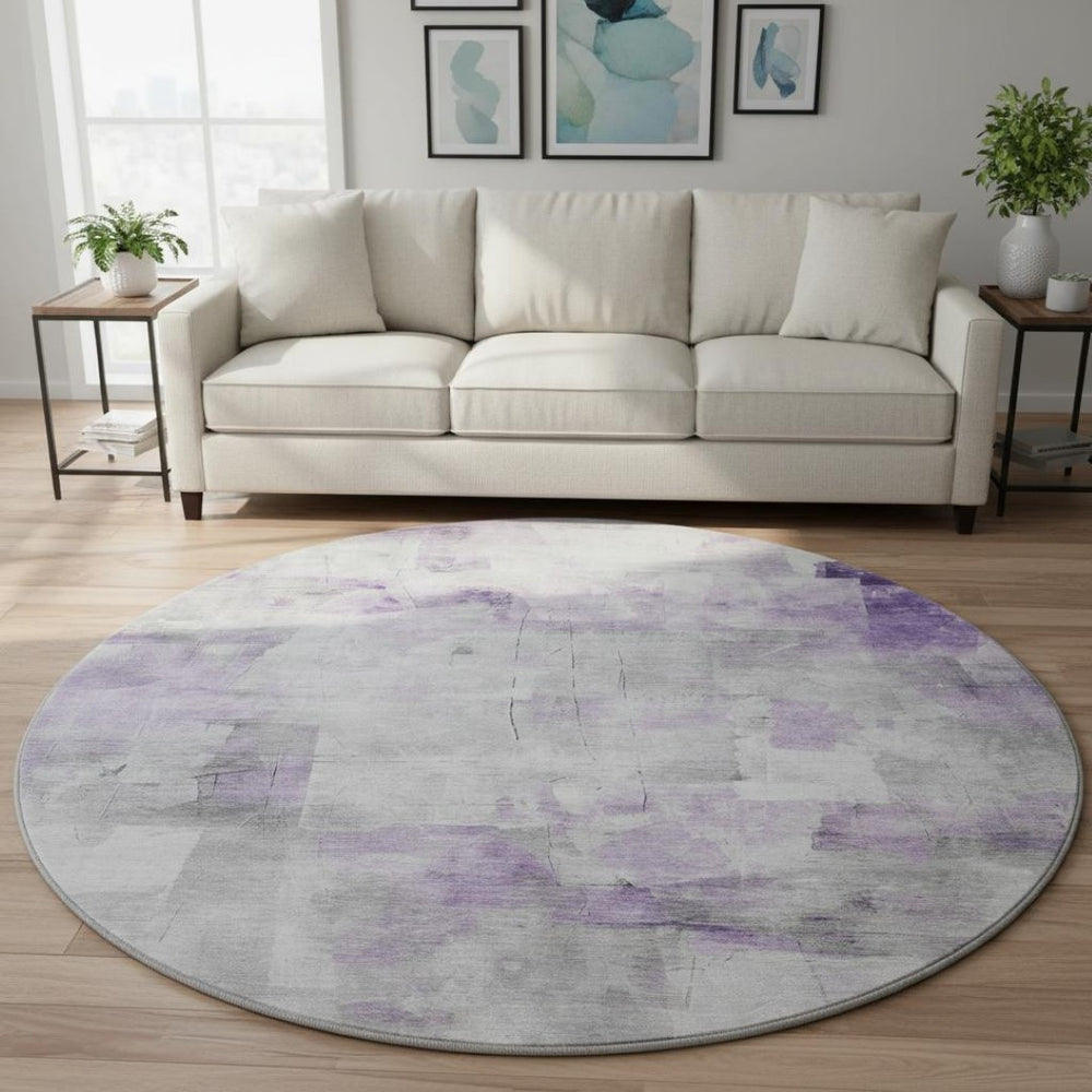 HomeRoots 8' Modern Abstract Lavender, Silver & Gray Round Rug - Washable, UV Protected, Durable Design for All Spaces 696713