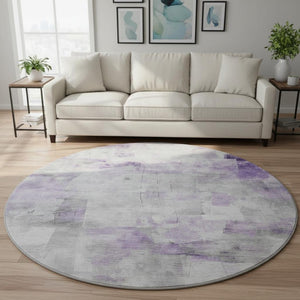 HomeRoots 8' Modern Abstract Lavender, Silver & Gray Round Rug - Washable, UV Protected, Durable Design for All Spaces 696713