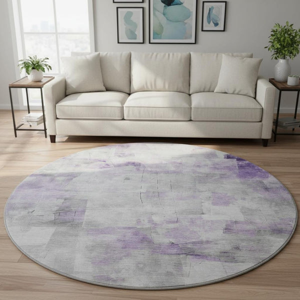 HomeRoots 8' Modern Abstract Lavender, Silver & Gray Round Rug - Washable, UV Protected, Durable Design for All Spaces 696713