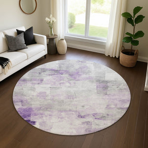 HomeRoots 8' Modern Abstract Lavender, Silver & Gray Round Rug - Washable, UV Protected, Durable Design for All Spaces 696713