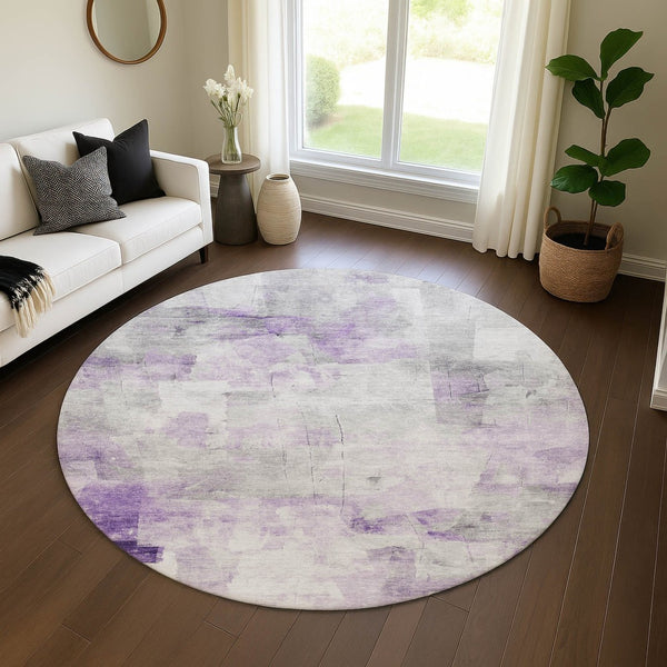 HomeRoots 8' Modern Abstract Lavender, Silver & Gray Round Rug - Washable, UV Protected, Durable Design for All Spaces 696713