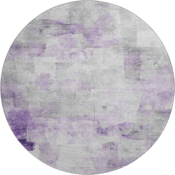 HomeRoots 8' Modern Abstract Lavender, Silver & Gray Round Rug - Washable, UV Protected, Durable Design for All Spaces 696713