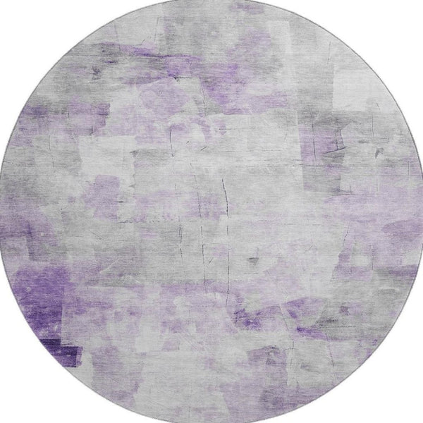 HomeRoots 8' Modern Abstract Lavender, Silver & Gray Round Rug - Washable, UV Protected, Durable Design for All Spaces 696713