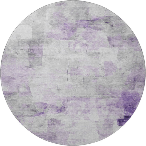 HomeRoots 8' Modern Abstract Lavender, Silver & Gray Round Rug - Washable, UV Protected, Durable Design for All Spaces 696713