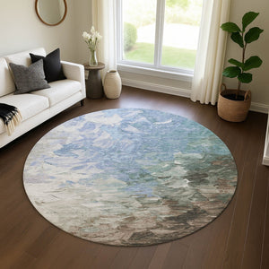 HomeRoots 8' Stylish Denim Blue Ivory Taupe Round Rug - Washable, UV Protected, Durable for High-Traffic Areas 696719
