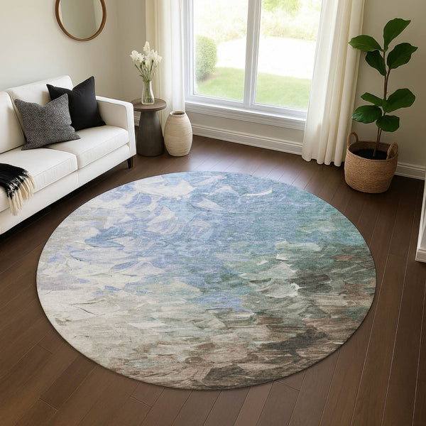 HomeRoots 8' Stylish Denim Blue Ivory Taupe Round Rug - Washable, UV Protected, Durable for High-Traffic Areas 696719