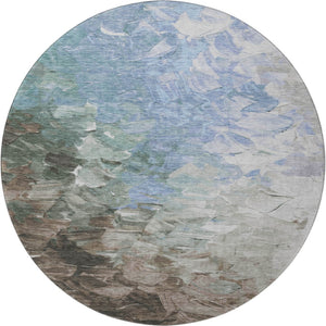 HomeRoots 8' Stylish Denim Blue Ivory Taupe Round Rug - Washable, UV Protected, Durable for High-Traffic Areas 696719