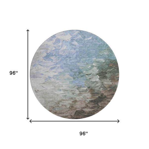HomeRoots 8' Stylish Denim Blue Ivory Taupe Round Rug - Washable, UV Protected, Durable for High-Traffic Areas 696719