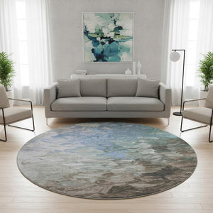 HomeRoots 8' Stylish Denim Blue Ivory Taupe Round Rug - Washable, UV Protected, Durable for High-Traffic Areas 696719
