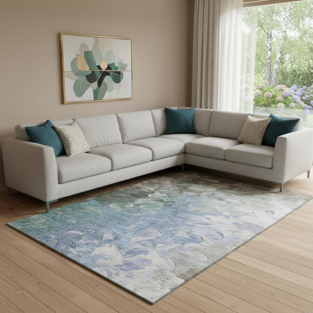 HomeRoots 8' X 10' Modern Abstract Denim Blue Area Rug - Washable, UV-Protected, Pet-Friendly Design for Homes 696720
