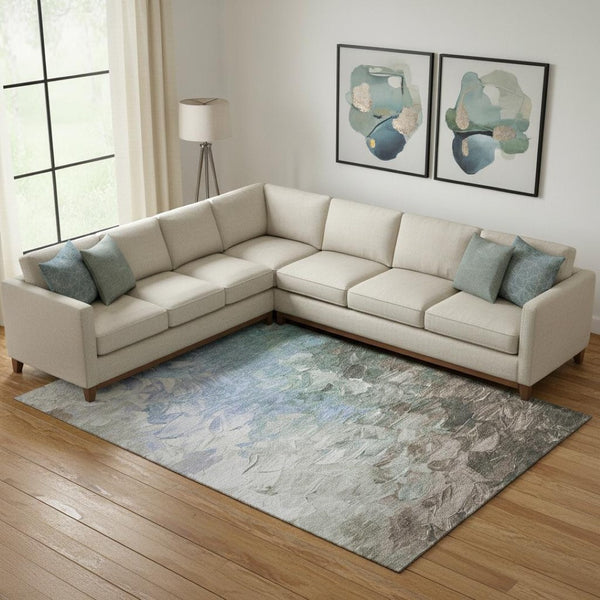 HomeRoots 9' X 12' Denim Blue Ivory Taupe Abstract Area Rug - Washable, UV Protected & Stain Resistant Beauty 696721