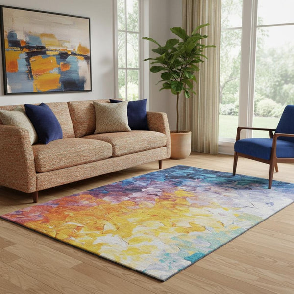 HomeRoots 5' Washable Gold Yellow and Teal Abstract Area Rug with UV Protection for Vibrant Living Spaces 696724
