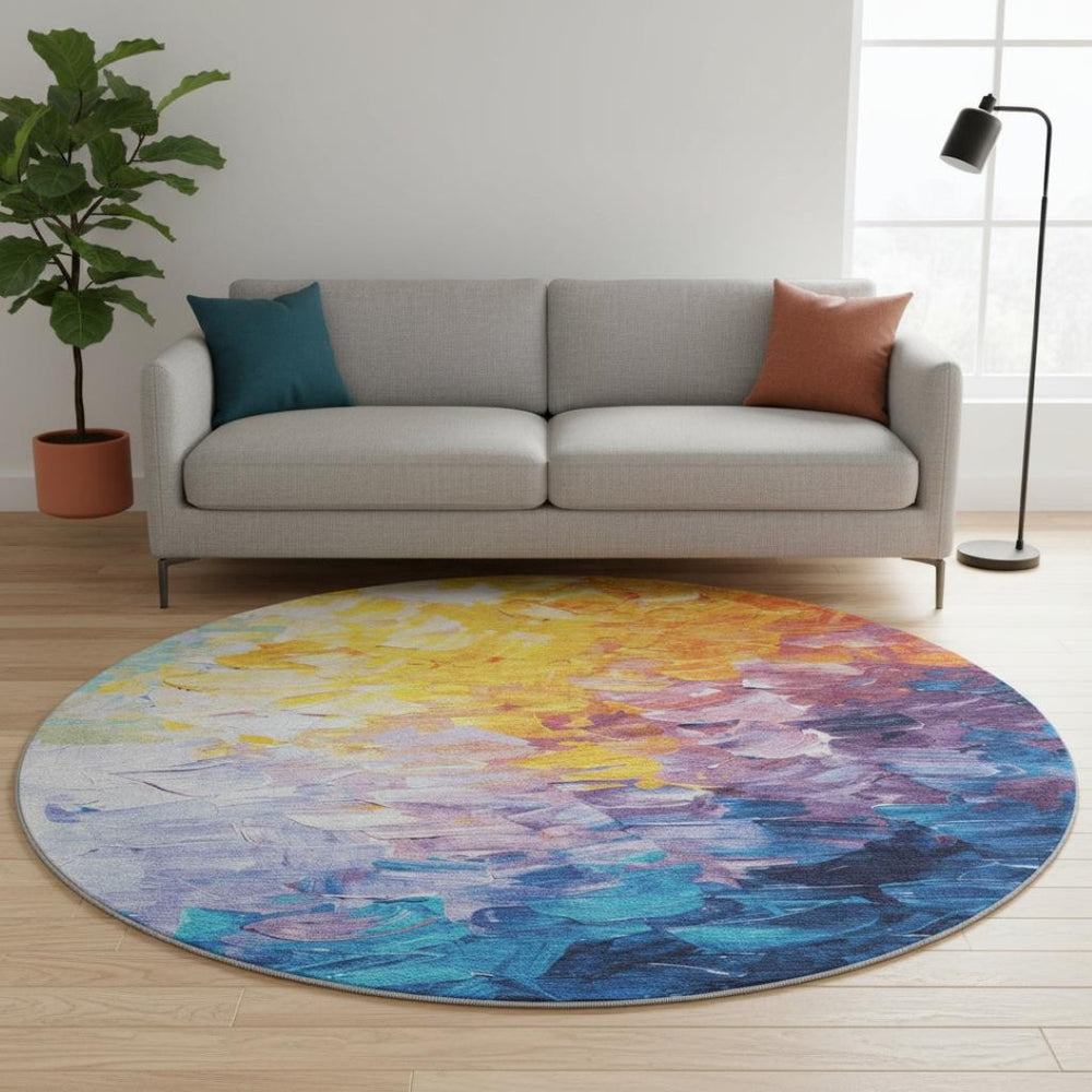 HomeRoots 8' Vibrant Gold Yellow & Teal Abstract Round Rug - Washable, UV Protected for Stylish Durability 696725