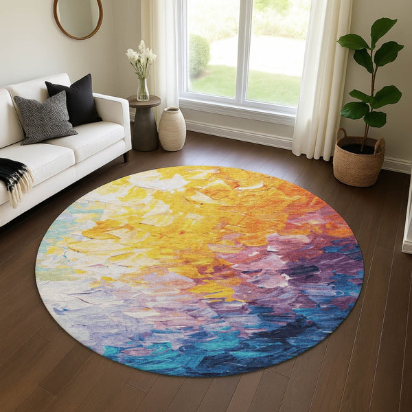 HomeRoots 8' Vibrant Gold Yellow & Teal Abstract Round Rug - Washable, UV Protected for Stylish Durability 696725